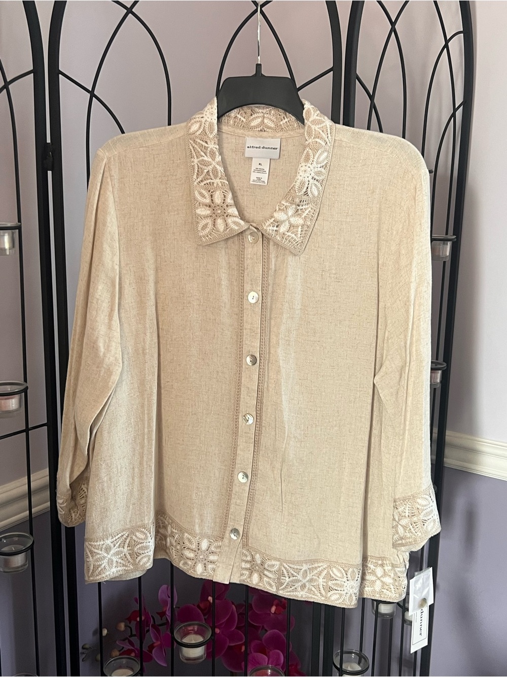 Alfred Dunner Cream Crochet-Trim Button Down Blouse